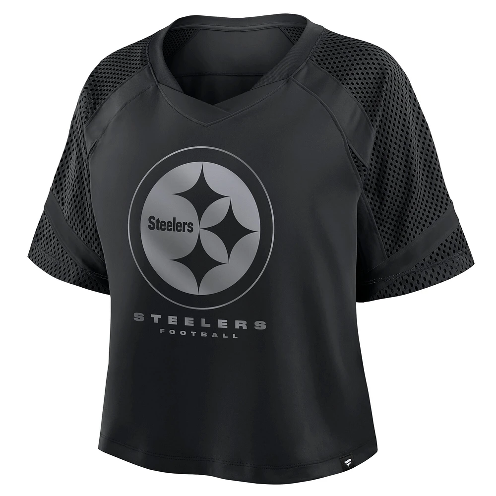 Women's Fanatics Black Pittsburgh Steelers Oversized Cornerback Blitz Raglan V-Neck T-Shirt