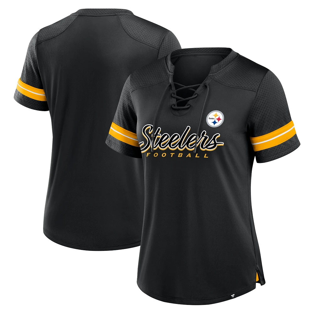 Women's Fanatics Black Pittsburgh Steelers Play Script Lace-Up T-Shirt