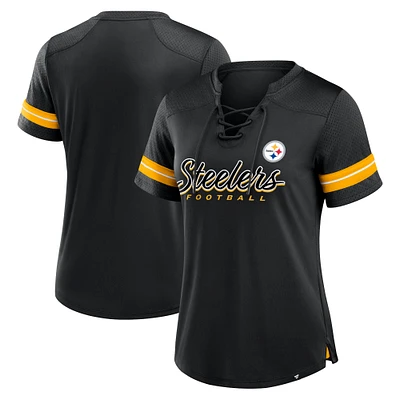 T-shirt à lacets noir pour femme Fanatics avec inscription Play Script des Pittsburgh Steelers