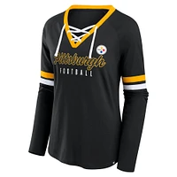 Women's Fanatics Black Pittsburgh Steelers Plus Won & Done Lace-Up V-Neck Long Sleeve T-Shirt