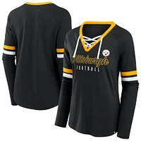 T-shirt à manches longues et col en V lacets pour femmes Fanatics Black Pittsburgh Steelers grande taille Won & Done