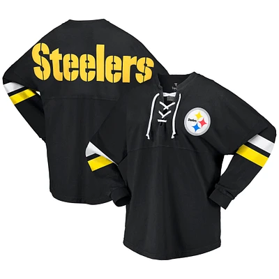 T-shirt à manches longues lacets et col en V Fanatics pour femmes, Pittsburgh Steelers Spirit, noir