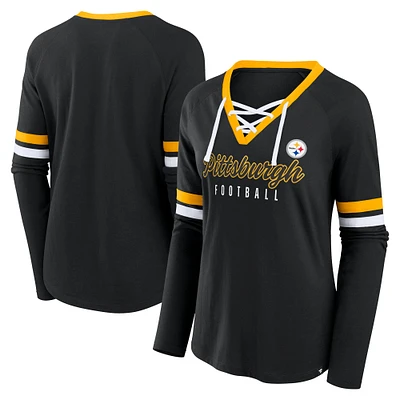 Haut tendance à lacets et manches longues pour femmes Fanatics Black Pittsburgh Steelers Won and Done