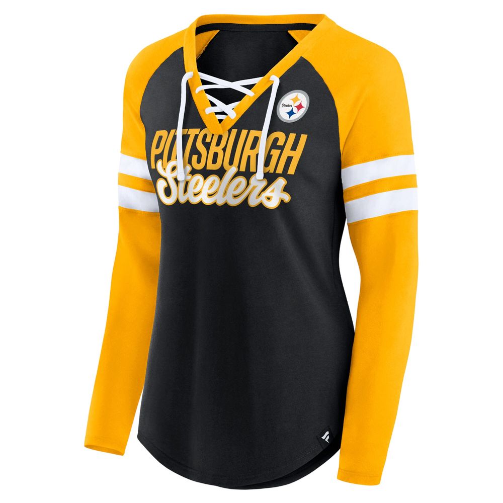 Fanatics Branded Women's Fanatics Branded Black/Gold Pittsburgh Steelers  Iconic Raglan Lace-Up V-Neck Long Sleeve T-Shirt