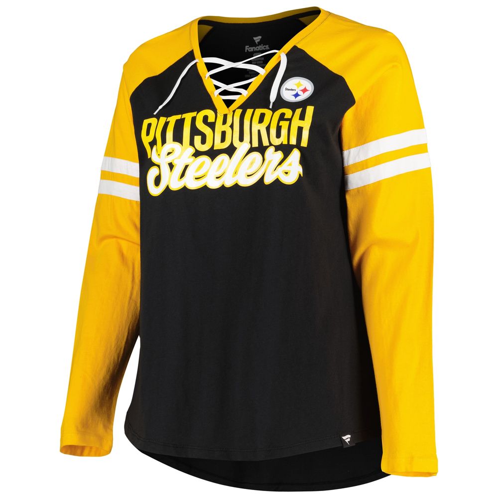 Women's Fanatics Branded Black Pittsburgh Steelers Spirit Jersey Lace-Up V-Neck Long Sleeve T-Shirt