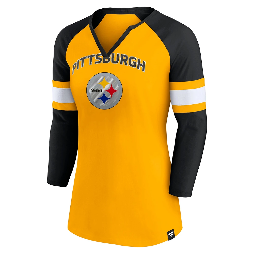 Women's Fanatics Gold/Black Pittsburgh Steelers Arch Raglan 3/4-Sleeve Notch Neck T-Shirt