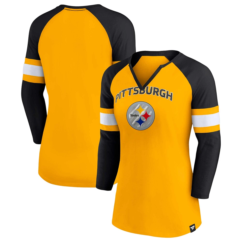 T-shirt fanatiques pour femmes, or/noir, Pittsburgh Steelers, Team Arch Raglan, à manches 3/4 et col cranté