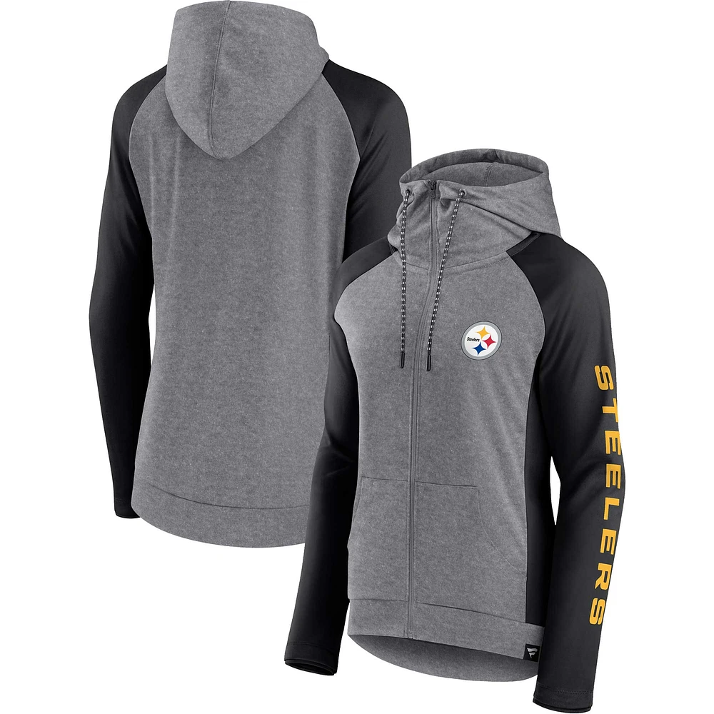 Women's Fanatics  Heather Gray/College Black Pittsburgh Steelers Blind Side Lightweight Full-Zip Hoodie