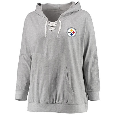 Women's Fanatics Heather Gray Pittsburgh Steelers Plus Lace-up Pullover Hoodie