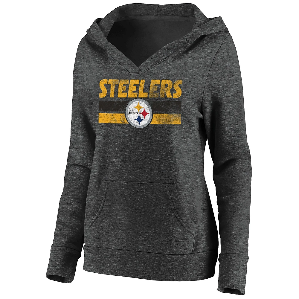 Women's Fanatics Heathered Charcoal Pittsburgh Steelers First String V-Neck Pullover Hoodie