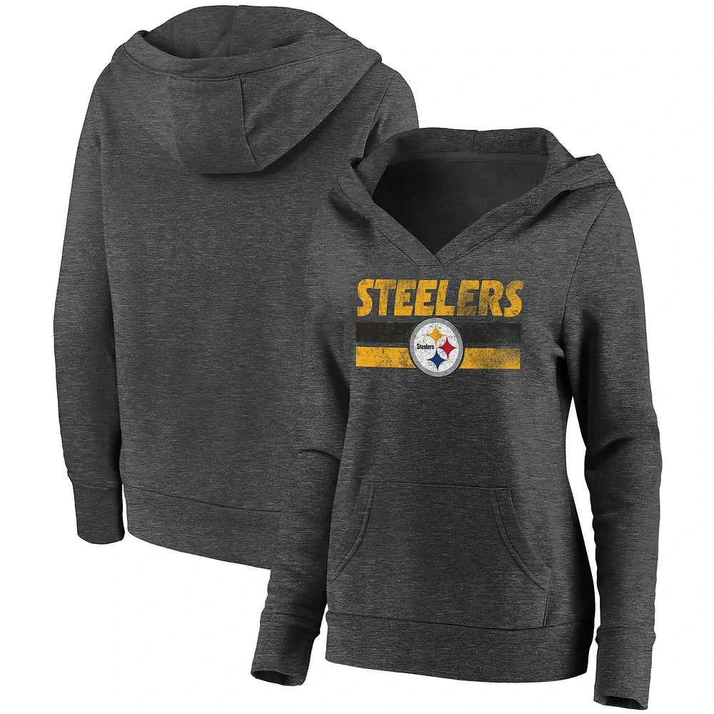 Women's Fanatics Heathered Charcoal Pittsburgh Steelers First String V-Neck Pullover Hoodie