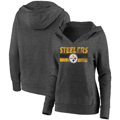 Women's Fanatics Heathered Charcoal Pittsburgh Steelers First String V-Neck Pullover Hoodie