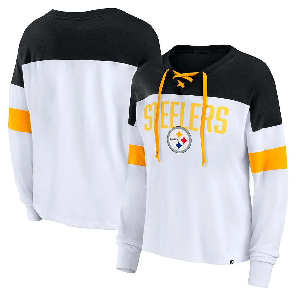 T-shirt à manches longues et col en V lacets Fanatics pour femmes, blanc/noir, Pittsburgh Steelers Even Match