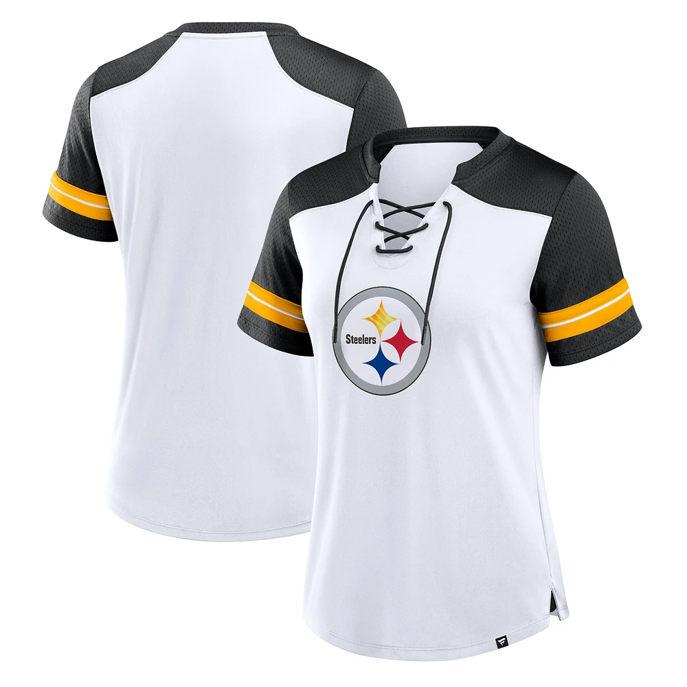 T-shirt à lacets primaire déjoué des Pittsburgh Steelers Fanatics blanc/noir pour femmes