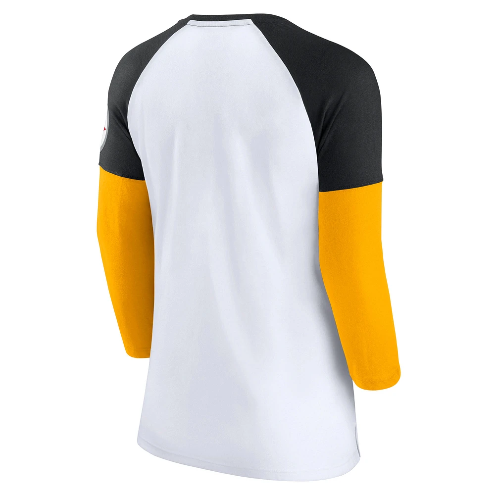 T-shirt emblématique à manches trois-quarts raglan color block des Pittsburgh Steelers Fanatics pour femmes, blanc/noir