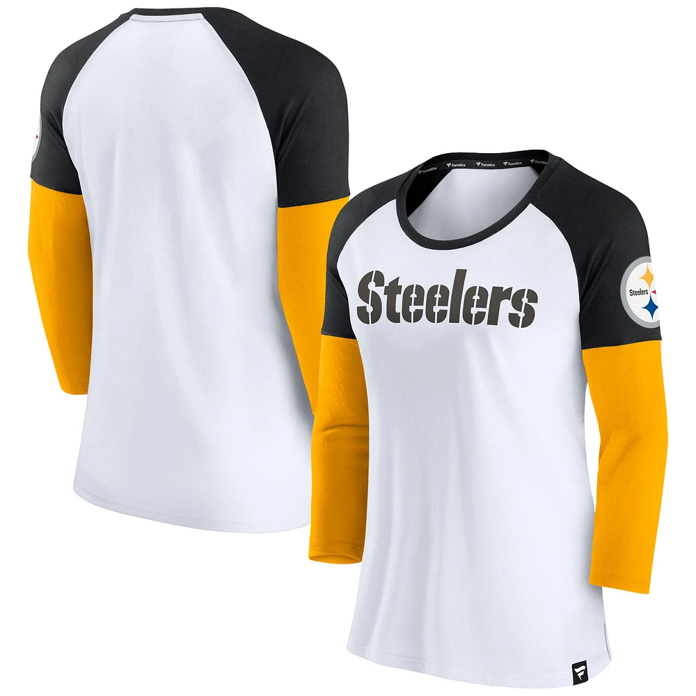 T-shirt emblématique à manches trois-quarts raglan color block des Pittsburgh Steelers Fanatics pour femmes, blanc/noir