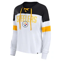 Haut à lacets manches longues et col en V pour femmes Fanatics blanc/noir Pittsburgh Steelers grande taille Even Match