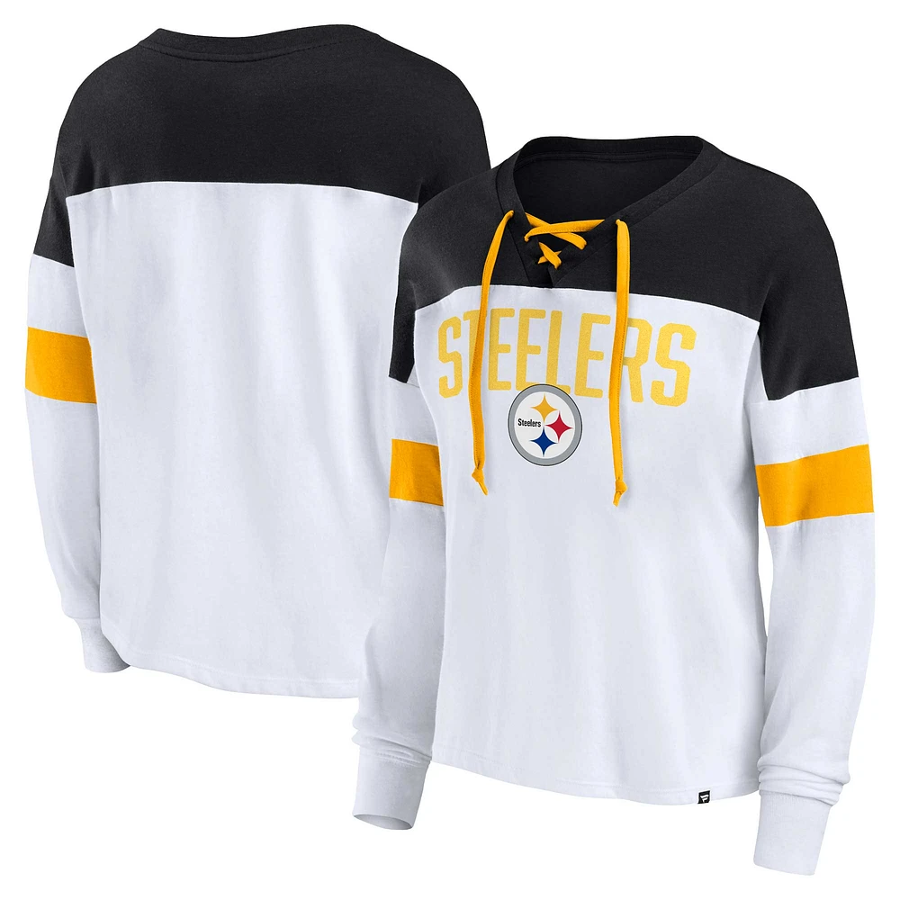 Women's Fanatics White/Black Pittsburgh Steelers Plus Even Match Lace-Up Long Sleeve V-Neck Top