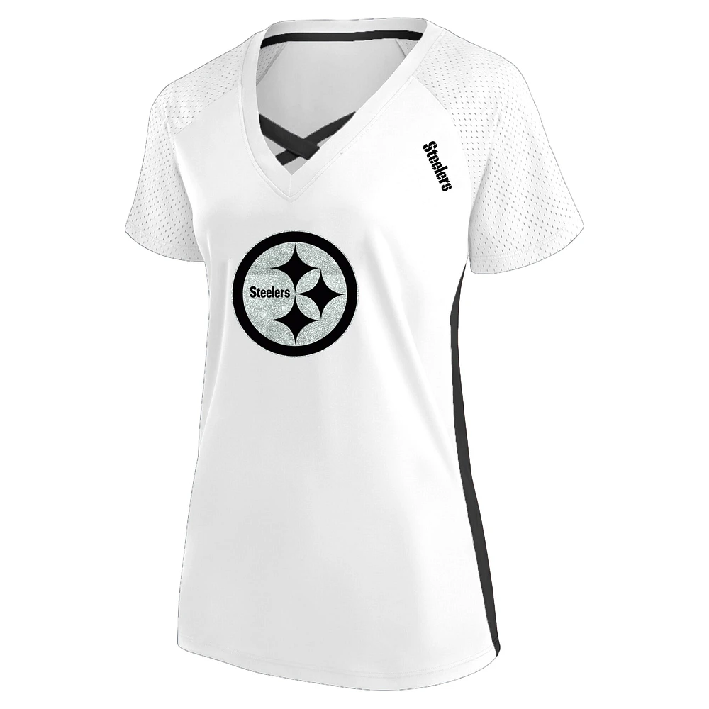 Women's Fanatics  White Pittsburgh Steelers Plus Glitter Lace-Up V- Neck T-Shirt