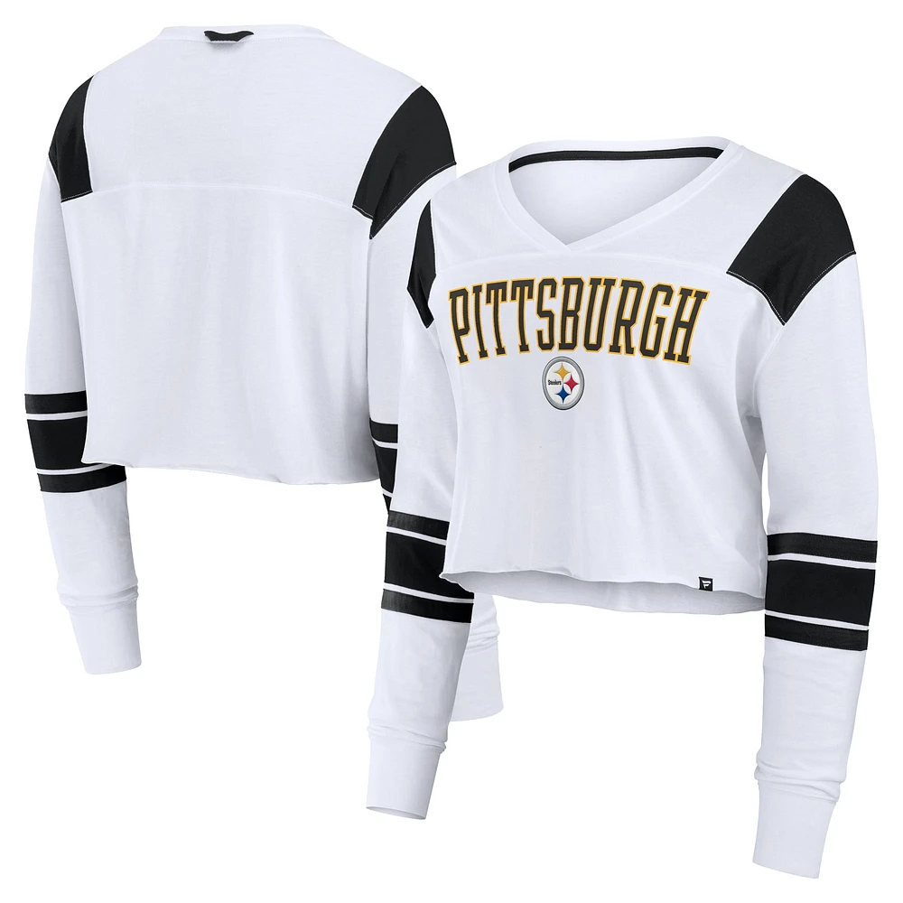 T-shirt à manches longues extensible et court pour femme Fanatics des Pittsburgh Steelers blanc