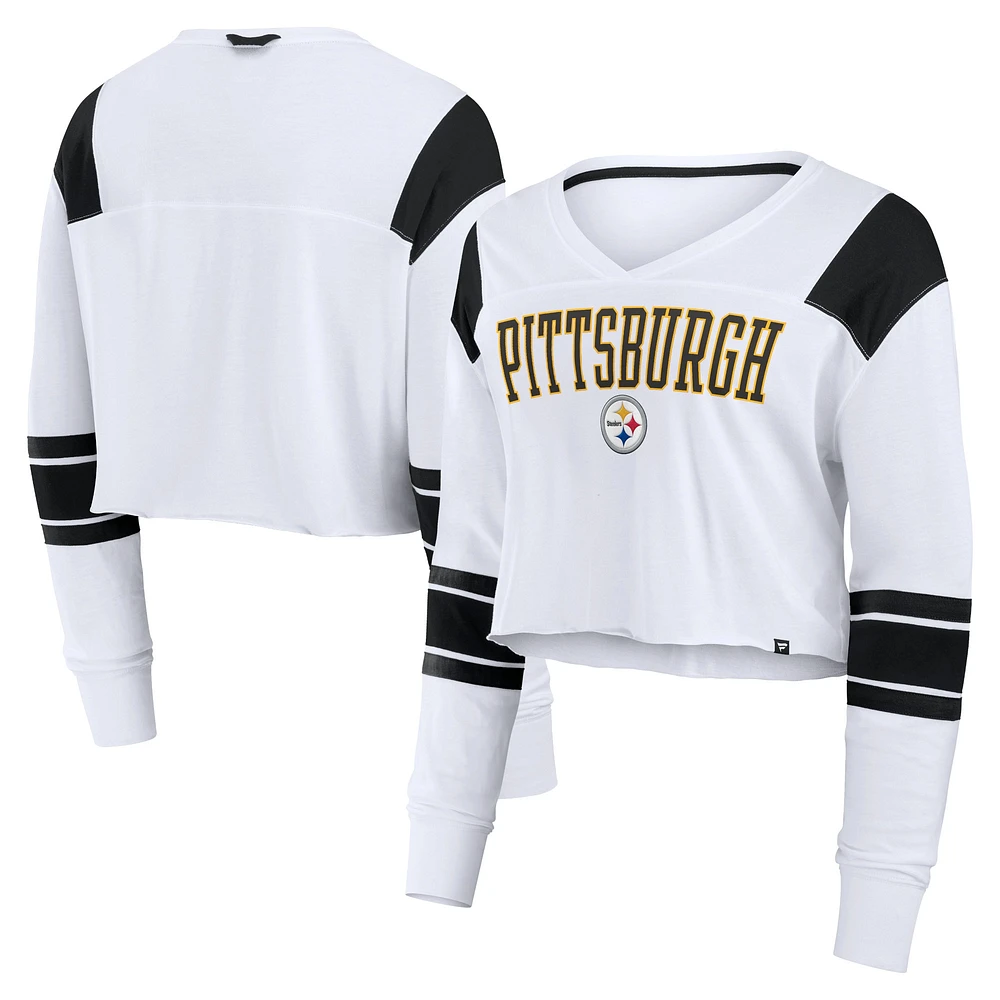 T-shirt court extensible à manches longues et col en V Fanatics blanc Pittsburgh Steelers pour femmes