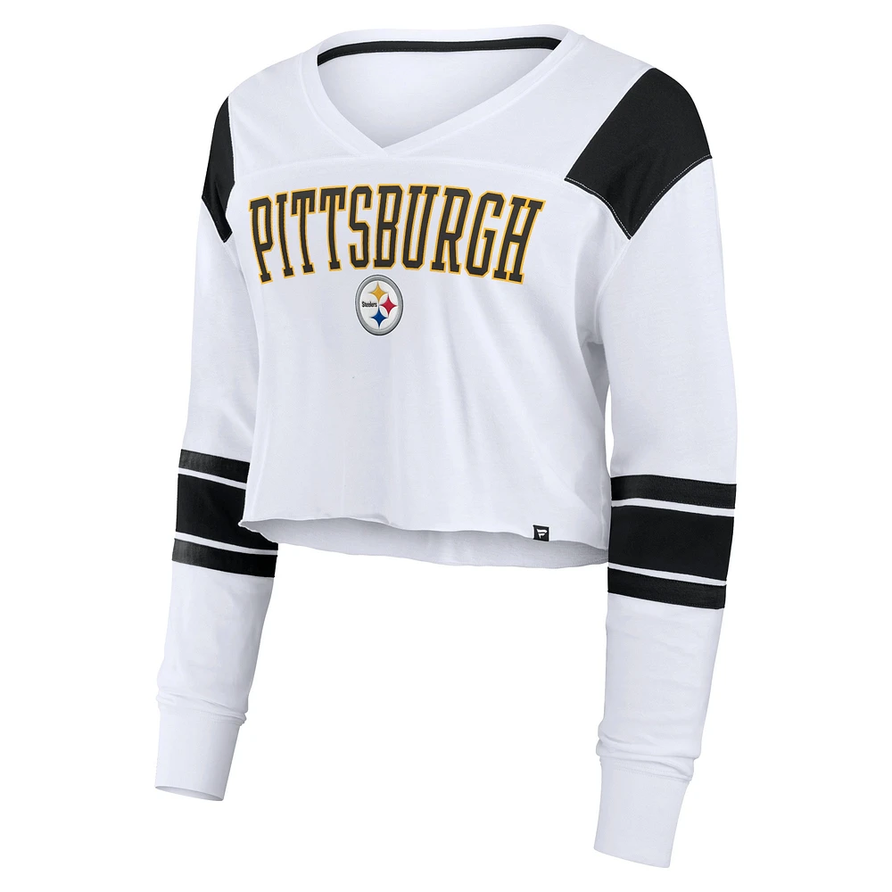 T-shirt court extensible à manches longues et col en V Fanatics blanc Pittsburgh Steelers pour femmes