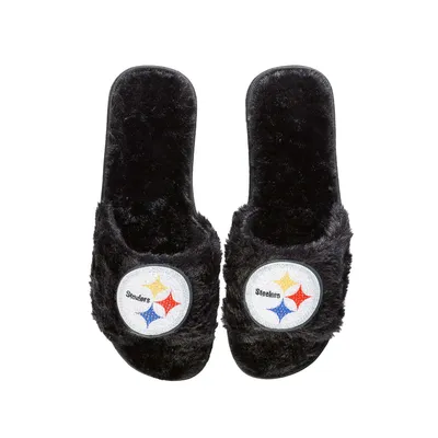 Pittsburgh Steelers FOCO Women's Rhinestone Fuzzy Slippers - Black