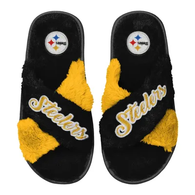 Pittsburgh Steelers FOCO Women's Two-Tone Crossover Faux Fur Slide Slippers - Black