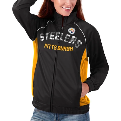 G-III 4Her par Carl Banks pour femmes Black Pittsburgh Steelers Backfield Raglan - Veste de survêtement entièrement zippée