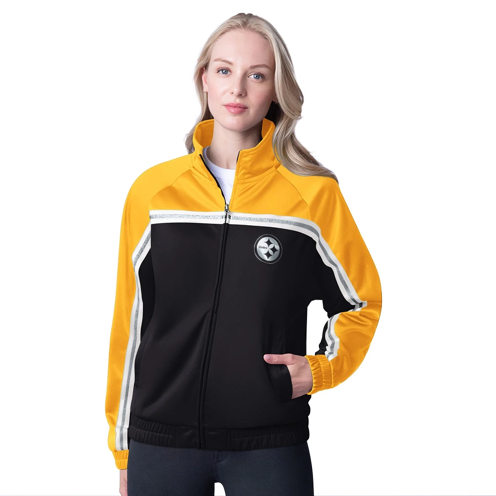 Veste de survêtement d'après-match entièrement zippée G-III 4Her par Carl Banks pour femme, noire, des Pittsburgh Steelers