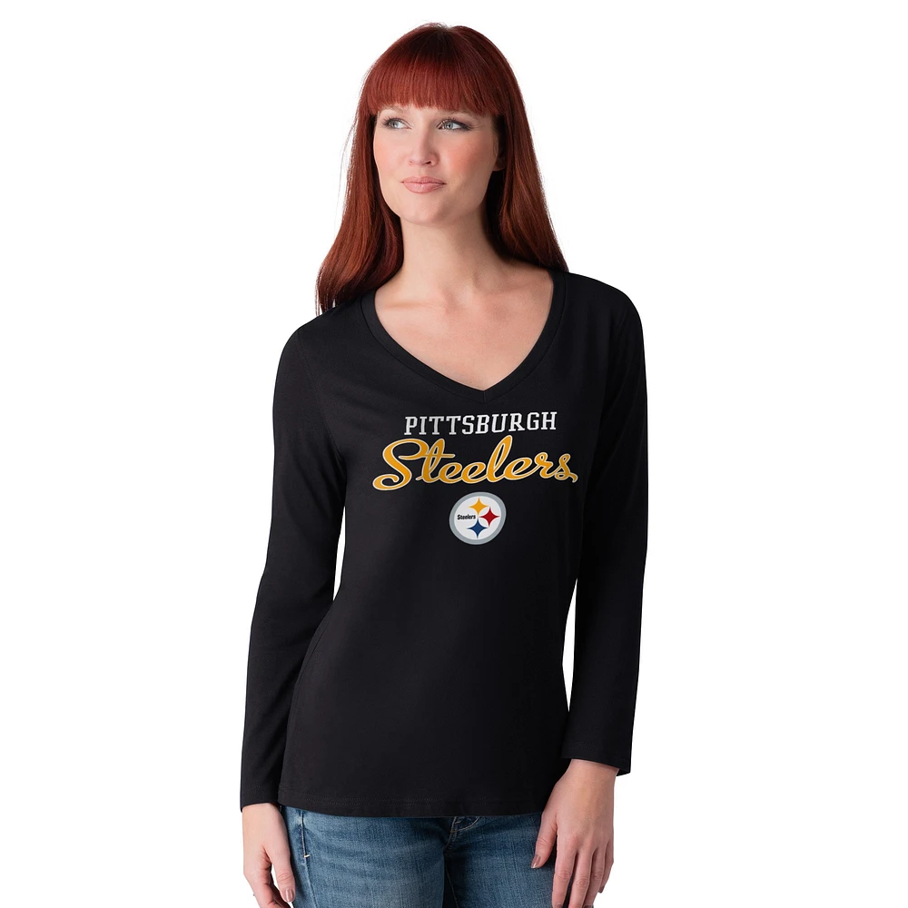 Women's G-III 4Her by Carl Banks Black Pittsburgh Steelers Post Season Long Sleeve V-Neck T-Shirt