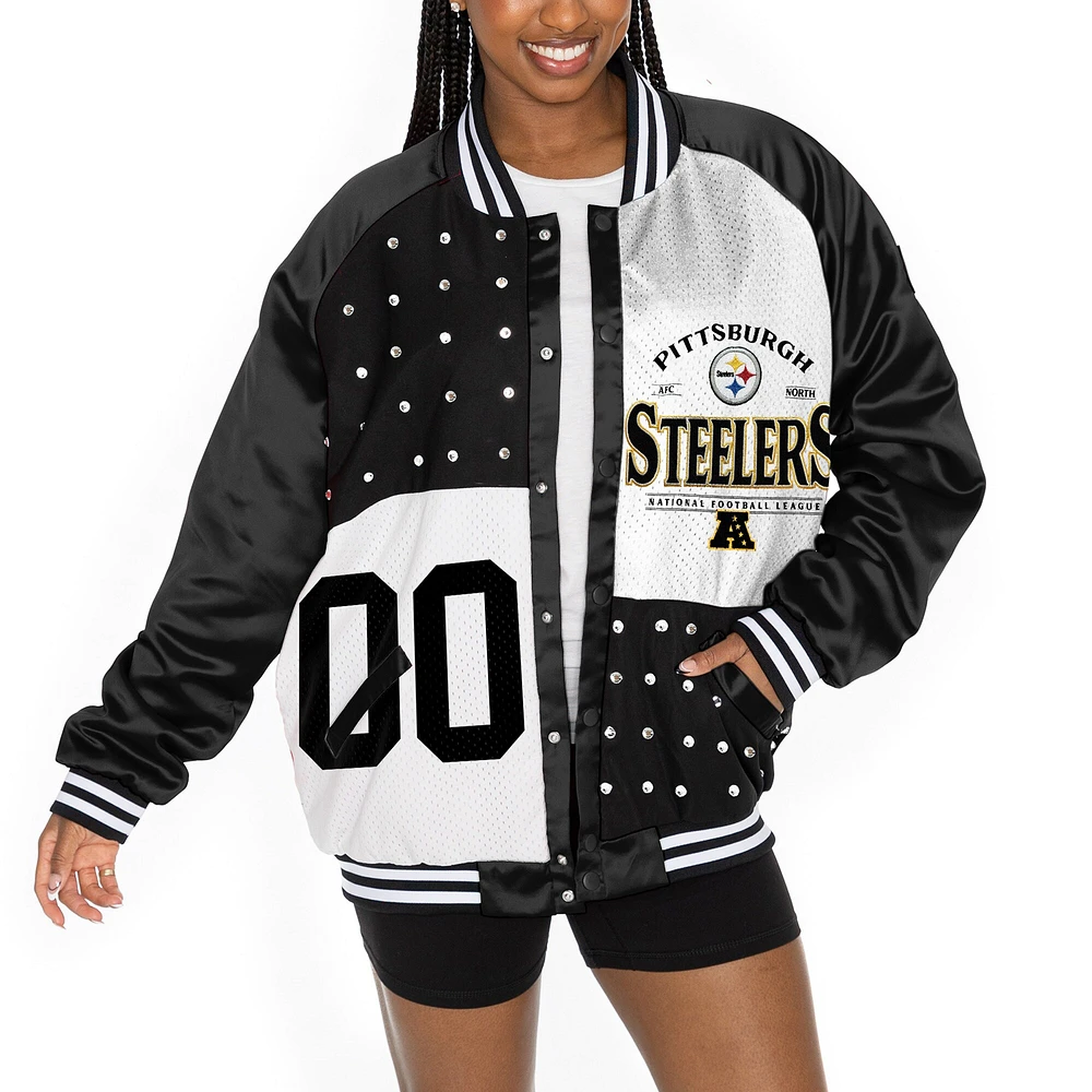 Veste bomber surdimensionnée noire/blanche Gameday Couture des Pittsburgh Steelers avec strass et boutons-pression sur toute la longueur