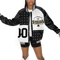 Veste bomber surdimensionnée noire/blanche Gameday Couture des Pittsburgh Steelers avec strass et boutons-pression sur toute la longueur