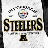 Veste bomber surdimensionnée noire/blanche Gameday Couture des Pittsburgh Steelers avec strass et boutons-pression sur toute la longueur