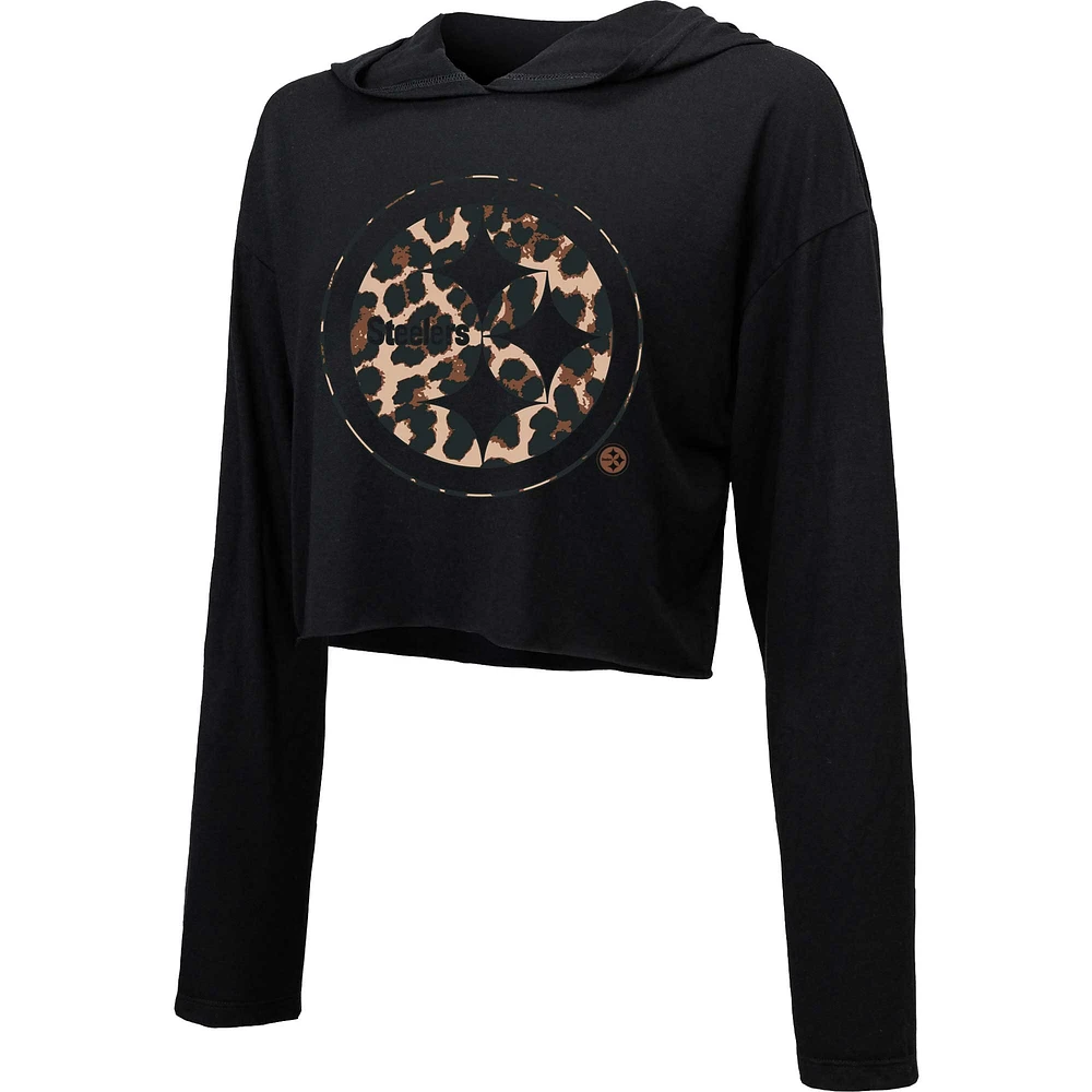 Majestic Threads Sweat à capuche court léopard Pittsburgh Steelers noir pour femme