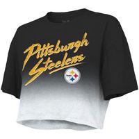 Women's Majestic Threads Chase Claypool Black/White Pittsburgh Steelers Drip-Dye Player Name & Number Tri-Blend Crop T-Shirt