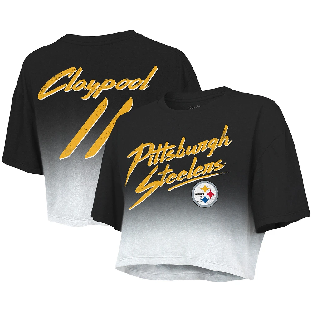 T-shirt court à trois mélanges avec nom et numéro de joueur Majestic Threads Chase Claypool pour femmes, noir/blanc, Pittsburgh Steelers, Drip-Dye