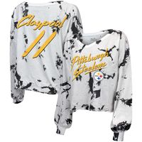 Women's Majestic Threads Chase Claypool White Pittsburgh Steelers Off-Shoulder Tie-Dye Name & Number Long Sleeve V-Neck Crop-Top T-Shirt Size: Small