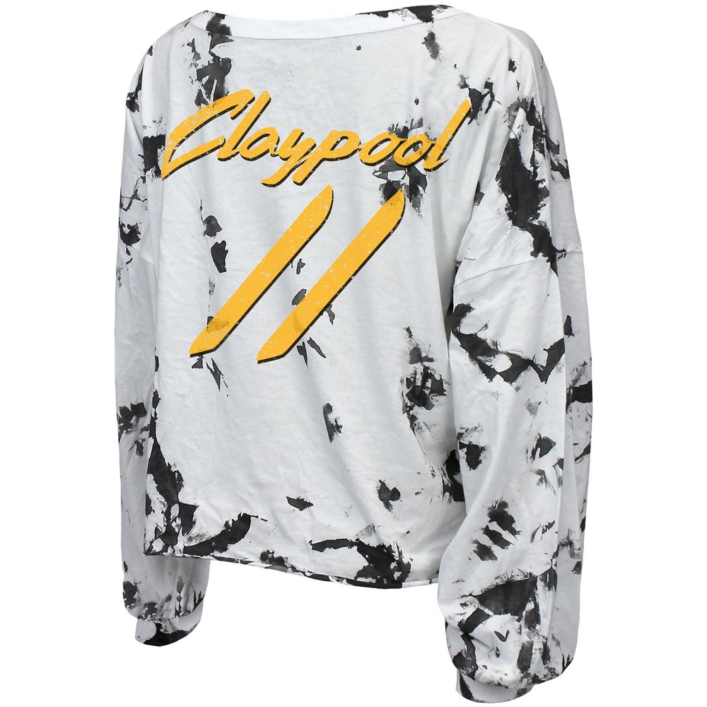 Women's Majestic Threads Chase Claypool White Pittsburgh Steelers Off-Shoulder Tie-Dye Name & Number Long Sleeve V-Neck Crop-Top T-Shirt Size: Small