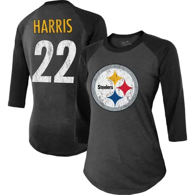 Majestic Threads pour femme Najee Harris Noir Pittsburgh Steelers Nom et numéro du joueur Raglan Tri-Blend T-shirt à manches 3/4