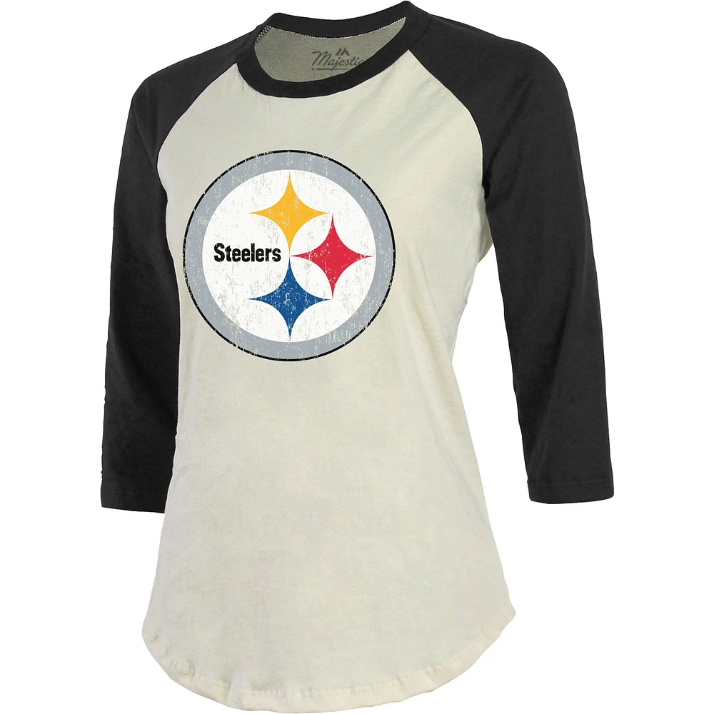 T-shirt Majestic Threads Najee Harris crème pour femmes, Pittsburgh Steelers, nom et numéro du joueur, triple mélange, à manches trois-quarts