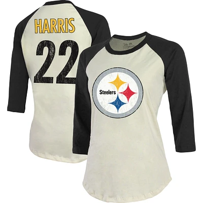 T-shirt Majestic Threads Najee Harris crème pour femmes, Pittsburgh Steelers, nom et numéro du joueur, triple mélange, à manches trois-quarts