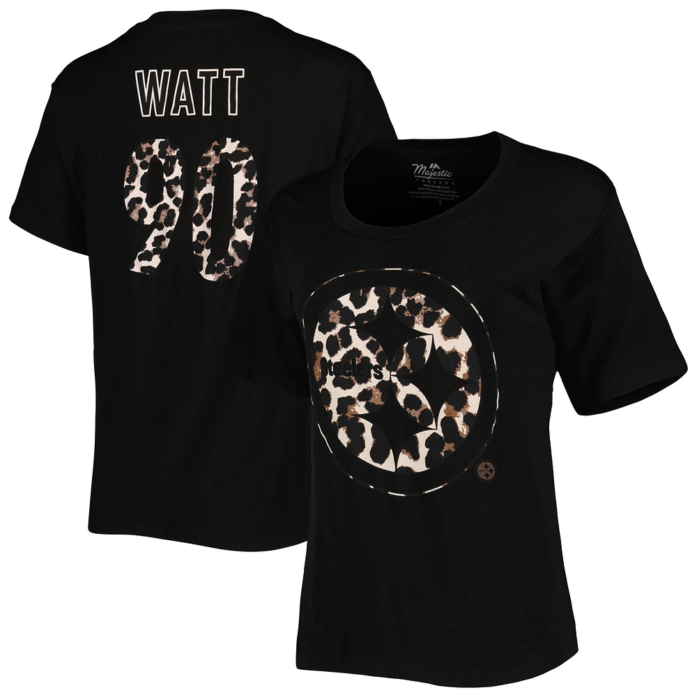 Majestic Threads pour femmes T.J. Watt Black Pittsburgh Steelers Leopard Nom et numéro du joueur T-shirt