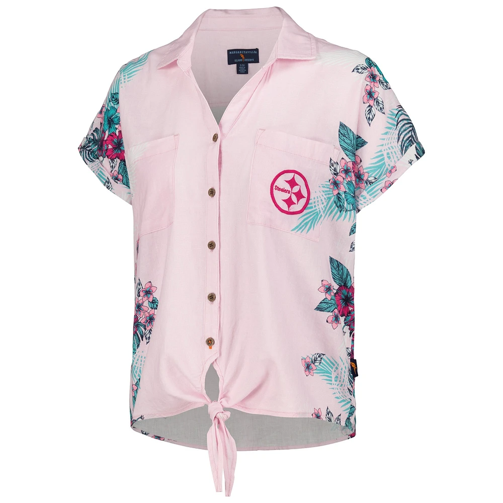 Women's Margaritaville Pink Pittsburgh Steelers Stadium Tie-Front Button-Up Shirt