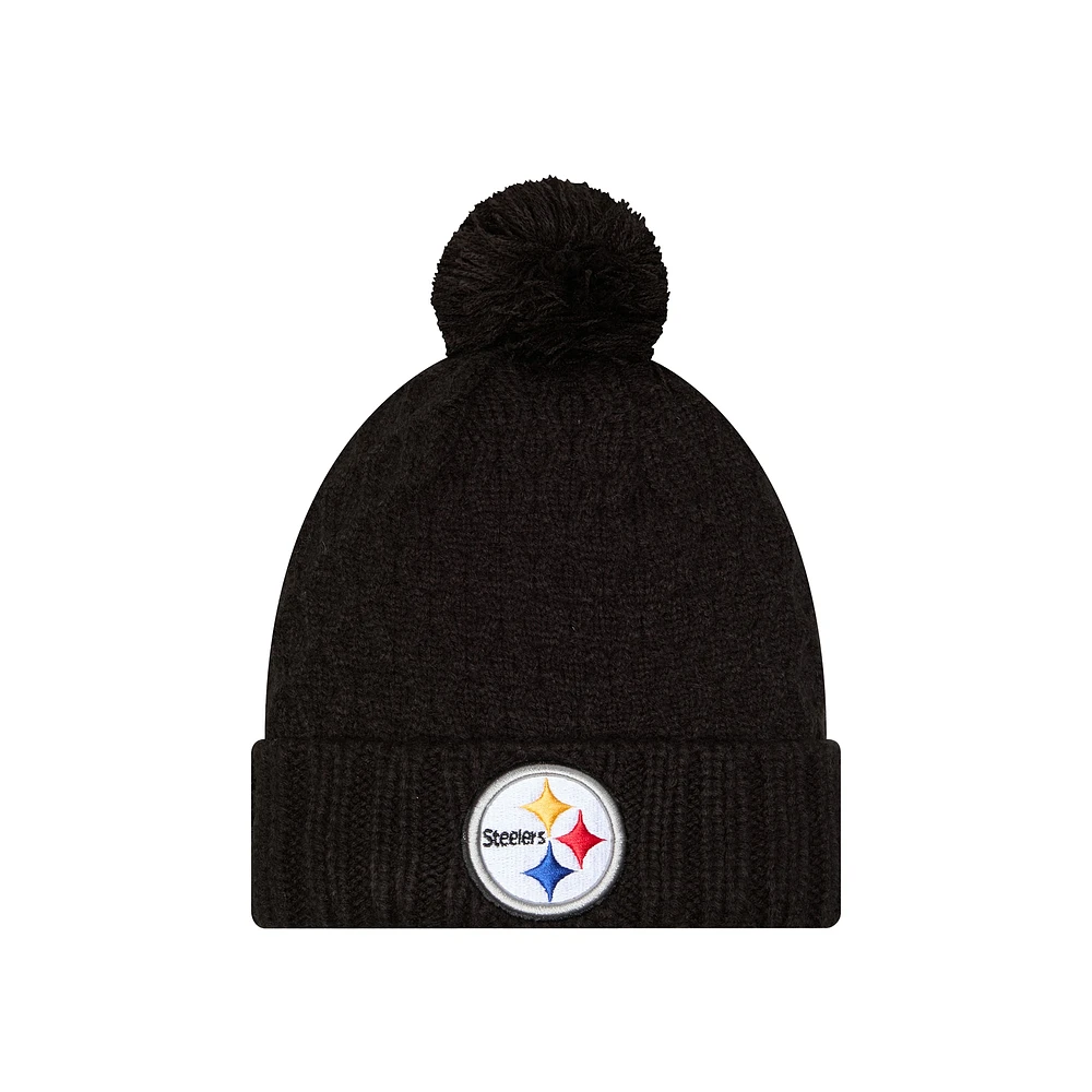 Bonnet en tricot épais à revers avec pompon pour femme New Era Pittsburgh Steelers Active noir