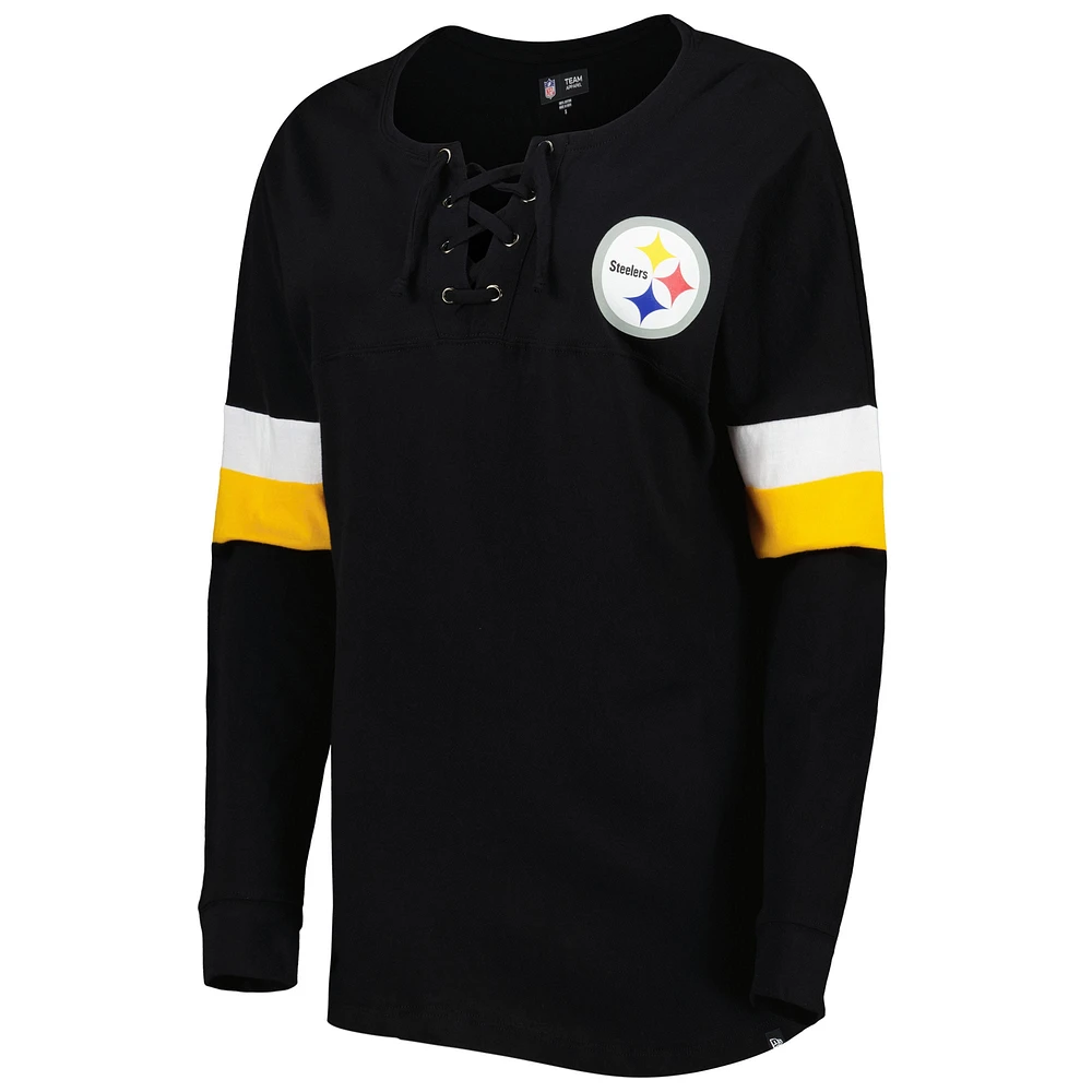 Women's New Era  Black Pittsburgh Steelers Athletic Varsity Lightweight Lace-Up Long Sleeve T-Shirt