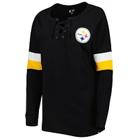 Women's New Era  Black Pittsburgh Steelers Athletic Varsity Lightweight Lace-Up Long Sleeve T-Shirt