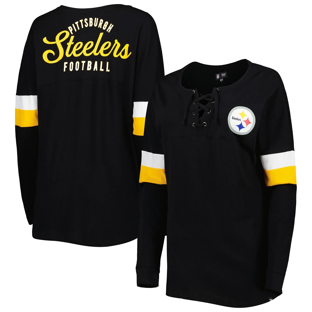 Women's New Era  Black Pittsburgh Steelers Athletic Varsity Lightweight Lace-Up Long Sleeve T-Shirt