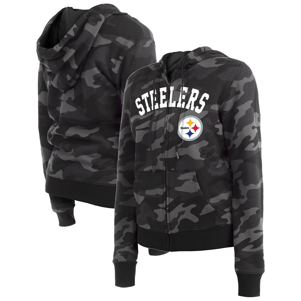 Sweat à capuche zippé et camouflage des Pittsburgh Steelers New Era pour femme, noir