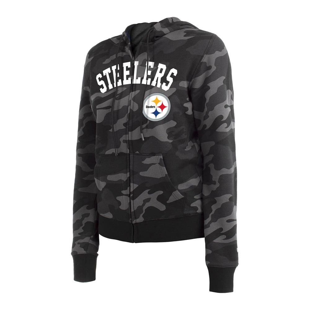 Sweat à capuche zippé et camouflage des Pittsburgh Steelers New Era pour femme, noir